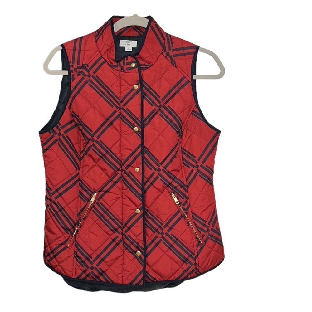 Crown & Ivy Red & Black Plaid Puffer Vest(Size Small)
